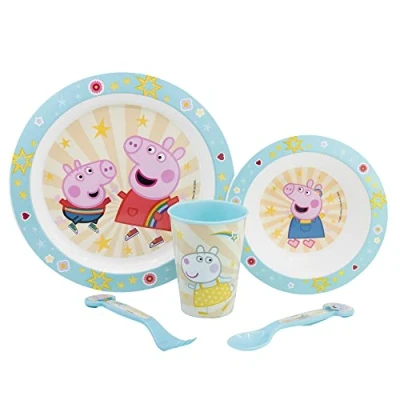 Afbeelding van Herbruikbare magnetronbestendige kinderserviesset bestaande uit bekers, borden, kom en bestek van Peppa Pig