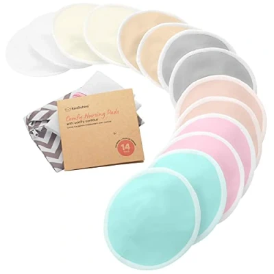 Afbeelding van Biologische Bamboe Borstkompressen 14 Wasbare pads + Waszak Borstvoedingstekels voor Moederschap Herbruikbare Borstvoeding (Pastel Touch, M 10cm)