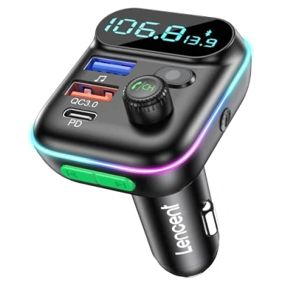 Afbeelding van LENCENT Bluetooth 5.0 FM Transmitter Auto, Snel Opladen Draadloze Zender met QC3.0 &amp; Type C PD USB, Handsfree Bellen, Strong Microphone, MP3 Muziekspeler, 9 Kleuren LED achtergrondverlichting