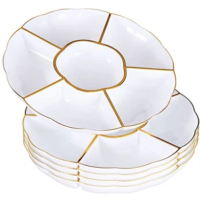Afbeelding van MATANA 5 Serveerborden met Vakjes van Kunststof (31cm) Tapasbord Wit Gouden Rand, Dipschaal, Snackbord, Hapjesbord Picknick &amp; Feestjes Herbruikbaar