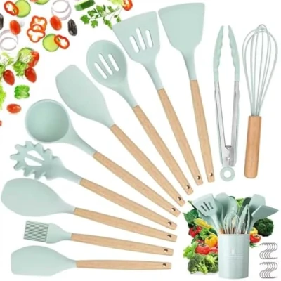 Afbeelding van hicoosee Set keukengerei, 22 stuks, siliconen kookgerei, natuurlijke houten handgrepen, kookgereedschap, BPA vrij, niet giftig, anti aanbaklaag, hittebestendige