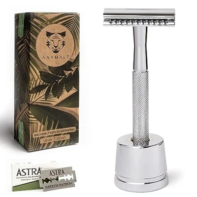 Afbeelding van ANYMALE® scheermes Silver Edition Set met standaard en 5 ASTRA messen Zero Waste van metaal