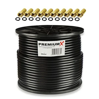 Afbeelding van PremiumX Professioneel Coaxkabel 100m Satellietkabel Zwart Puur Koper Viervoudig Afgeschermde Antennekabel Incl. 10 F Connectoren Ondersteunt 8K, 4K &amp; 3D voor Satelliet, Kabel, DVB T