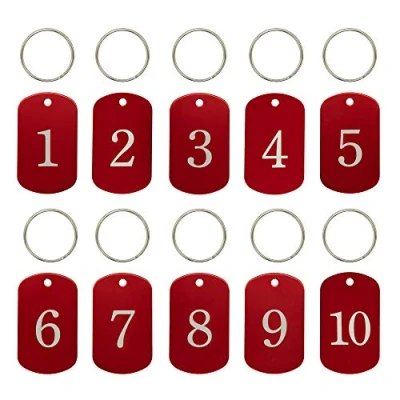 Afbeelding van Gegraveerde nummerlabels, aluminium, labels voor sleutelhangers, met ringen (1 25, rood)