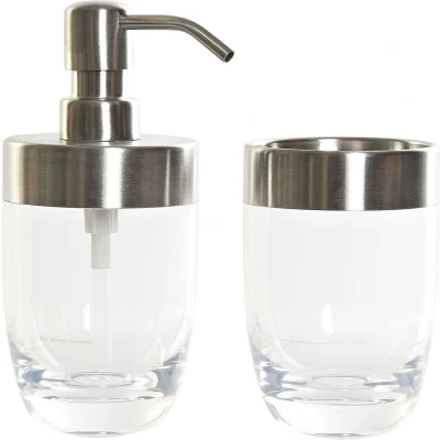 Afbeelding van Badkamerset met zeeppompje en tandenborstel beker zilver/transparant kunststof 17 cm Badkameraccessoireset