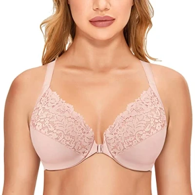 Afbeelding van DELIMIRA Vrouwen Plus Size Volledige Dekking Kanten Beugel Racerback BH met Voorsluiting Roos Gerookt 85E