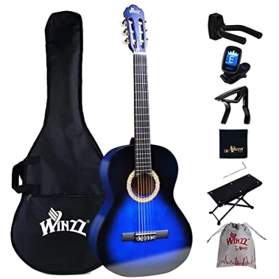 Afbeelding van Winzz Klassieke Gitaar Full Size 4/4, Beginner Spaanse voor Volwassenen en Kinderen Leeftijd 12+ Jaar, Complete Accessoires, Mooie Chritsmas Geschenken (Glossy blueburst, Nylon Snaren)