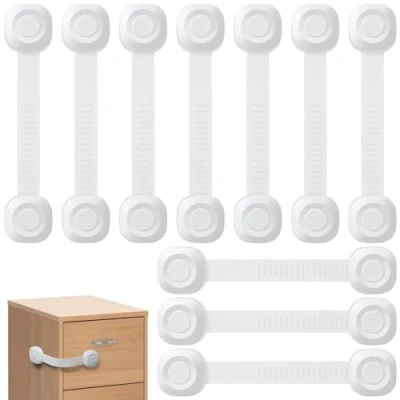 Afbeelding van ECHOCUBE kinderveilige ladekastsloten, babyveilige kastriemsloten met kleefband, 10 stuks, verstelbare sloten voor kasten, koelkasten, toiletten en vuilnisbakken (wit)