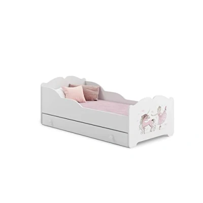 Afbeelding van KOBI Anna kinderbed, wit, met roze eenhoorn en ballerina, lade opslag, 160 x 80 cm, matras frame, babykamer