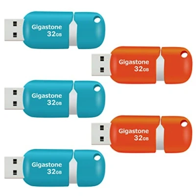 Afbeelding van Gigastone 32GB 5 pack USB2.0 Flash Drive, V10, Thumb Drive USB Memory Stick, diverse kleuren, 3 blauw, 2 oranje, deksel verbergbaar, intrekbaar