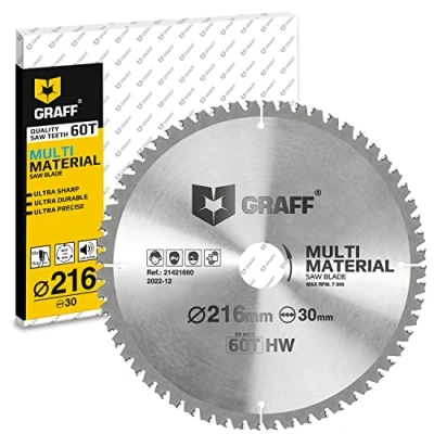 Afbeelding van GRAFF Zaagblad van 216 x 30 mm voor Hout Aluminium Laminaat Kunststof Cirkelzaagblad compatibel met Kapzaag Wisselzaag Tafelzaag Accucirkelzaag Professional Multi