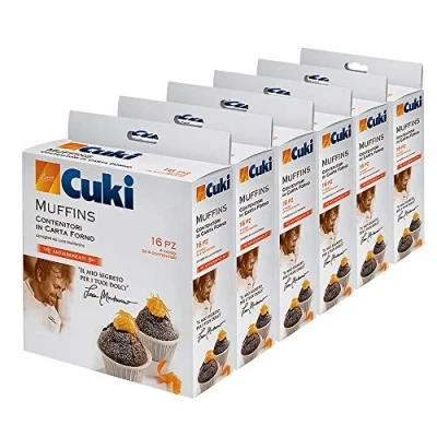 Afbeelding van Cuki Muffinshouder van papier, antiaanbaklaag, diameter 7,9 x hoogte 3,5 cm, 4 trays met containers, 6 verpakkingen 16 stuks