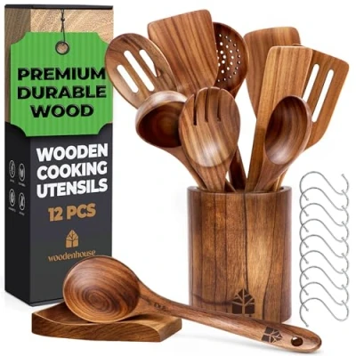 Afbeelding van houten lepels om te koken kookgerei set met spatel, houder, lepelsteun en haken, teakhout anti aanbak keuken gebruiksvoorwerp van 12 stuks Woodenhouse