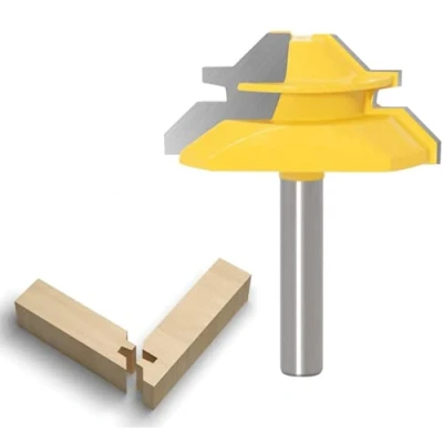 Afbeelding van APlus Verlijmfrees verstekfrees bovenfrees 45 graden lock met router bit houtbewerking frees snijgereedschap voor graveermachine trimmachine (schacht 8 mm