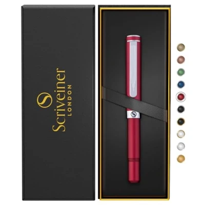 Afbeelding van Scriveiner Rot Kugelschreiber EDC Luxus Stift, Taschenkugelschreiber mit Chrom, Cooler Schreibstift für Männer &amp; Frauen, Deutsche Schmidt Mine, Ausgefallenes Büro Designer Schreibset Pen