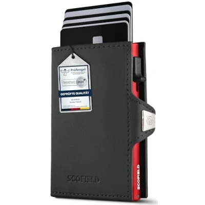 Afbeelding van SF SCOFIELD Duality Classic Slim Wallet met muntvak, kaartenetui voor heren 9 10 kaarten, portemonnee RFID bescherming, creditcardhouder, Zwart Cherry Red, Druckknopf + Münzfach Max, Modern