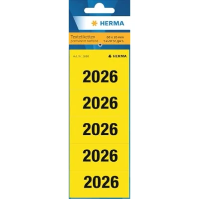 Afbeelding van HERMA 1686 jaargetallen stickers 2026 voor mappen, 100 stuks, 60 x 26 mm, 5 per vel, zelfklevend, ondoorzichtige tekstetiketten, mat, papieren zelfklevende etiketten, geel