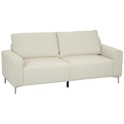 Afbeelding van HOMCOM 3 Sitzer Sofa, Couch mit Armlehnen, Rückenkissen, Wohnzimmersofa Cordbezug, Federkern, Dick Gepolstert Polstersofa für Wohnzimmer, Schlafzimmer 193 x 77 80 cm, Cremeweiß