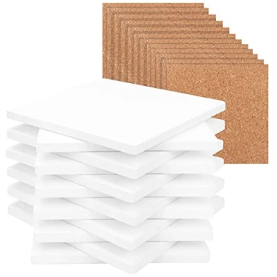 Afbeelding van Belle Vous Vierkant Witte Keramieken Onderzetters (12 Pak) 10 x cm Ongeglazuurde Blanke Tegels &amp; Kurk Achterkant DIY Hobby, Acryl Gieten, Alcohol Inkt, Mozaïek Kunst Projecten