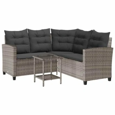 Afbeelding van Tuinbank met tafel en kussens L vormig poly rattan grijs