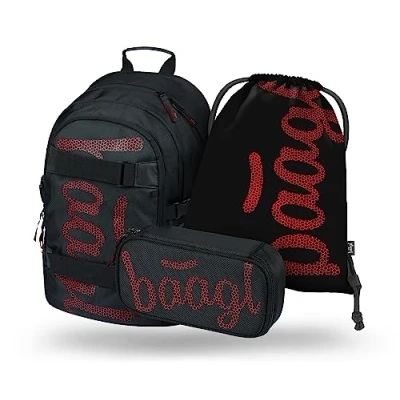 Afbeelding van Baagl schoolrugzak set meisjes 3 delig, schooltas vanaf de 3e klas, basisschool rugzak met borstband, ergonomische schooltas, Skate Red, Small,