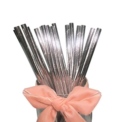 Afbeelding van Bofa Eco Tableware Papieren rietjes, solide, biologisch afbreekbaar, decoratie voor feestjes, verjaardagen, bruiloft (zilver glinsterend), 100 stuks