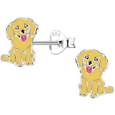 Afbeelding van JoyS Zilveren hond oorbellen bruin 6 x 9 mm kinderoorbellen sterling zilver 925