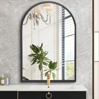 Afbeelding van Boogspiegel, boogwandspiegel, zwart, 45 x 65 cm, badkamerspiegel met metalen frame, gebogen make upspiegel, voor woonkamer, slaapkamer, open haard