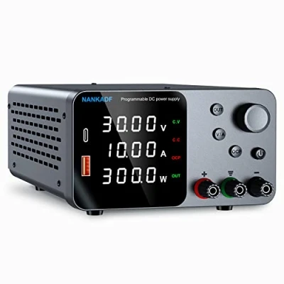 Afbeelding van DC voeding verstelbare 30V 10A, lab bank met encoder knop &amp; USB A/Type c snel opladen interface, 4 cijfers hoge precisie LED display, variabele schakeling gereguleerde