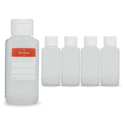 Afbeelding van Octopus 5 x 100 ml plastic flessen, HDPE flessen met witte klapsluiting, lege scharniersluiting, vierkante incl. beschrijfbare etiketten