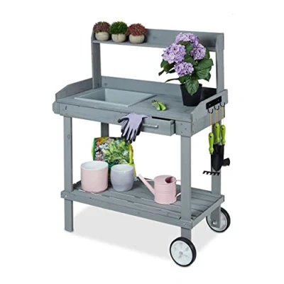 Afbeelding van Relaxdays oppottafel op wielen tuinwerktafel plantentafel hout kweektafel grijs
