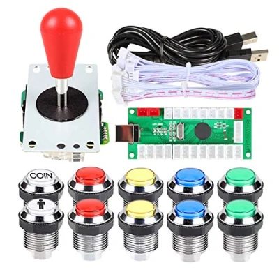 Afbeelding van EG STARTS 1 speler LED Arcade DIY Part Kit USB Encoder naar PC Gamepads Ellips &amp; Ovale Stijl Bat Joystick + 5V Knoppen voor Videogames Mame Raspberry Pi Arcade1up (Chrome Mix Kleuren)