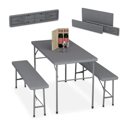 Afbeelding van Relaxdays biertafel set klaptafel 3 delige bierbank tuintafel kunststof staal grijs