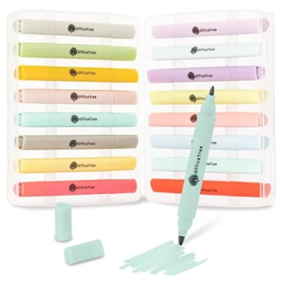 Afbeelding van OfficeTree 16 mini alcoholmarkeerstiften, pastelkleuren, set van 2 stuks, touch twin markeerset voor tekenen, schilderen, knutselen