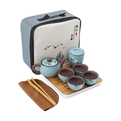 Afbeelding van fanquare Japanse draagbare reistheeset met reistas, kersenbloesem, Zisha Kung Fu, theeservies voor volwassenen, een theepot, 4 theekopjes en 1 theebus