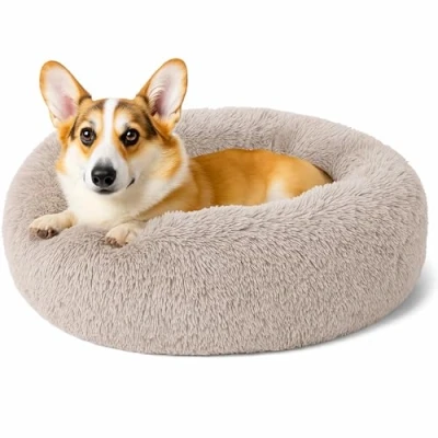 Afbeelding van Kalmerend donut kattenbed, pluizig pluche rond hondenbed, behaaglijk zacht wasbaar kussen, zelfverwarmende huisdierbedden met antislip onderkant, anti angst binnenshuis om te slapen, knuffelnest voor