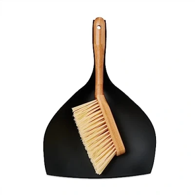 Afbeelding van Relaxdays stoffer en blik, voor camping, thuis &amp; auto, bamboe kunststof, klein, handveger keuken, zwart/natuur