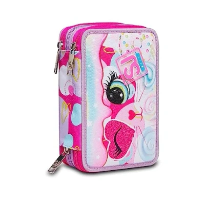 Afbeelding van SJ Gang Heart Lolly pennenetui met 3 ritssluitingen, roze uitgerust potloden, viltstiften en meer, voor kinderen, chiffon, Eén maat, school