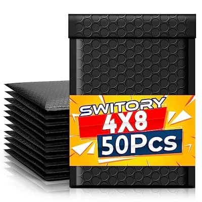 Afbeelding van Switory Gewatteerde enveloppen, A6 poly bubbelmailers, verpakkingszakken, kleine zwarte bubbelenveloppen, bubbelgevoerde mailerzakken voor verzending, mailing, 10,2 x 17,7 cm, 50