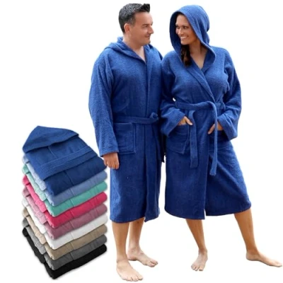 Afbeelding van LEBENGOOD Badjas voor heren, uniseks, met capuchon, 100% Amerikaans katoen, 400 g, zachte badjas, douchehanddoek dames, Blauw., M