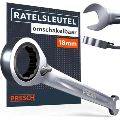 Afbeelding van Presch Ratelsleutel omkeerbar 18mm Minimale terughaalhoek (4, 90 tanden) 15 hoek voor krappe plekken Nauwkeurig gefreesde, duurzame ringsleutel