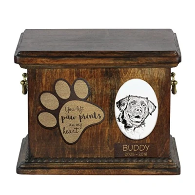 Afbeelding van Art Dog Custom Memorial Urn Handgemaakt Koud Gegoten Bronzen Portret op Berken Basis met Gepersonaliseerde Keramische Plaat 8,3x11,4x8,7 Stabijhoun