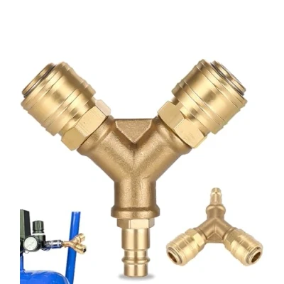 Afbeelding van TIDEVAN Persluchtverdeler,Y verdeler van Messing,NW 7,2 luchtslang,1/4 inch Luchtslang Snelkoppelingsverdeler Messing Koppelingsstekker en Persluchtverdeler Persluchtwissel met Buitendraad (Geel)