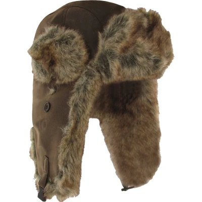 Afbeelding van Imitatie leren bontmuts pilotenmuts oesjanka pelsmuts kleur bruin maat M/L 58 centimeter