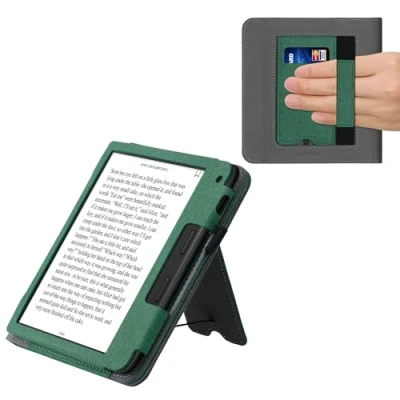 Afbeelding van kwmobile case compatibel Met Tolino Vision 6 hoes standaard E reader cover van kunstleer In donkergroen/donkergrijs