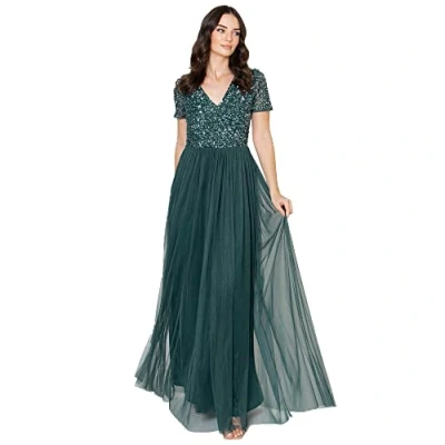 Afbeelding van Maya Deluxe Damesjurk voor bruiloftsgast, grote maten, Empire hoge taille, pailletten, korte mouwen, avondbruidsmeisje, Emerald Groen, 50
