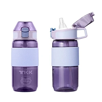 Afbeelding van TITIROBA TKK drinkfles met rietje, 450 ml, lekvrij, BPA vrij, Tritan, spotr voor fiets, camping, yoga, gym, paars 1003