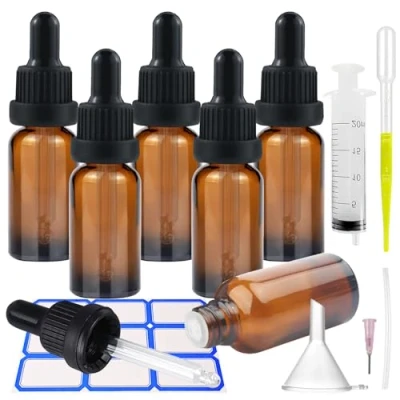 Afbeelding van Impoditiongs 6 stuks 20 ml pipetfles, apothekersfles met glazen pipet zwarte pipetdop inbegrepen, voor etherische oliën, parfum, oplossingen, doe het zelf monstermengsels (bruin, ml)