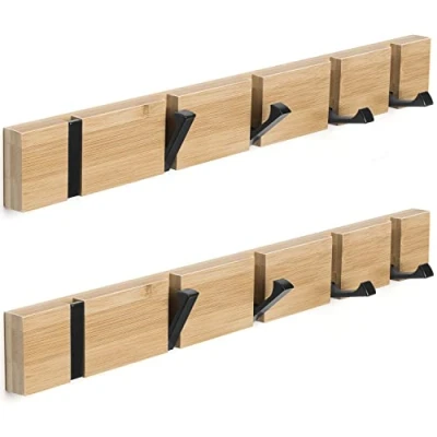 Afbeelding van ANVODE 2 stuks jashaken hout wand, houten paneel kapstok opvouwbare met 5 haken voor jassen, hoeden en handtassen (42cm)