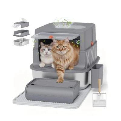 Afbeelding van Ingesloten XL roestvrijstalen kattenbak met deksel, geen lek en geurvrije metalen schep, mat anti trackingstap, afneembare extra grote kattenbak, gemakkelijk schoon te maken, 60 x 40